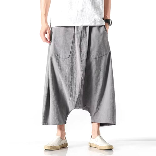 2023 Summer Men plus Size Casual Harem Pants Vintage Loose Cotton Linen Wide Leg Pants Men Elastic Waist Pantalones Trousers