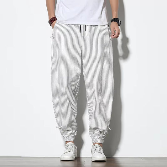 Four Seasons Men Disc Buckle Striped Harem Pants Breathable Cotton Linen Pencil Pants Buckle Casual Bloomers Fashion Trousers