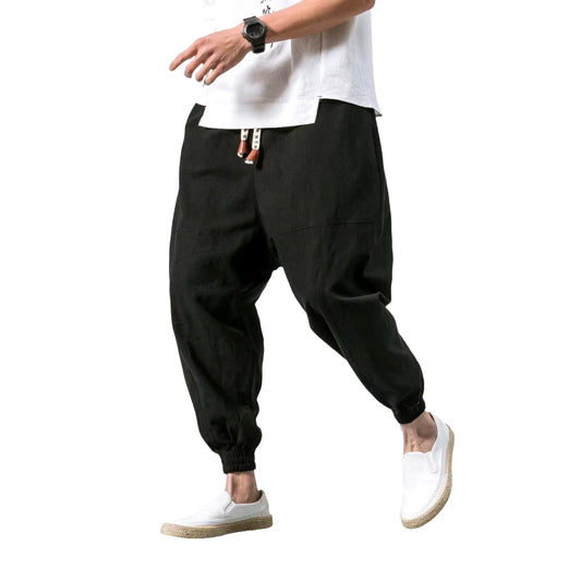 Cotton Men Harem Pants Harem Pants Men Solid Elastic Waist Streetwear Joggers Japanese Style Loose Ankle Length Pockets Trousers